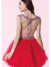 Red Tulle Beaded Scoop Neckline Sheer Back Knee Length Prom Dress